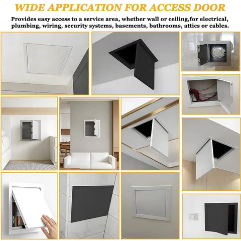 Kickass Heavy Duty Aluminum Access Panel 5x12 Flush Mount Wall And Ceiling Inspector Hatch shown in various home applications.
