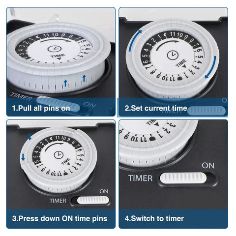 24 Hour Mechanical Light Timer With 2 Ft Cord Waterproof Grounded Outlet Plug In Timer Switch For Christmas Lights 15 Amp Half HP UL Listed Daily 30 Minute Intervals 48 Settings Easy Setup