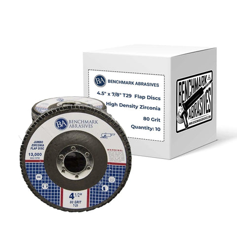 Jumbo Zirconia Type 29 Flap Discs 4.5 Inch Diameter Seven Eighths Inch Arbor 80 Grit Pack Of 10 For Angle Grinders Pro Grade Multitask Ready For Blending Beveling Grinding Deburring Finishing Rust And Stock Removal