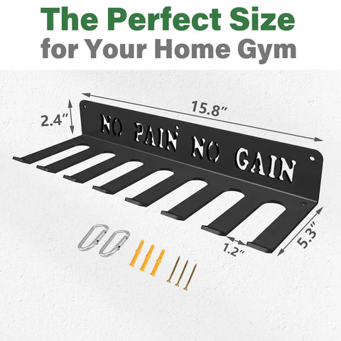 8 Hook Wall Mount Home Gym Organizer Rack for barbells, resistance bands, jump ropes, foam rollers, garage grade gear
