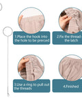 Instructional image using All In One 8 Piece Drawstring Threader Tool Set For Sewing with metal threaders and fabric.