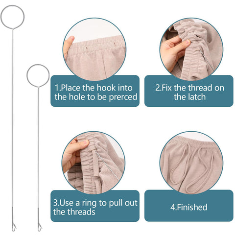 Instructional image using All In One 8 Piece Drawstring Threader Tool Set For Sewing with metal threaders and fabric.