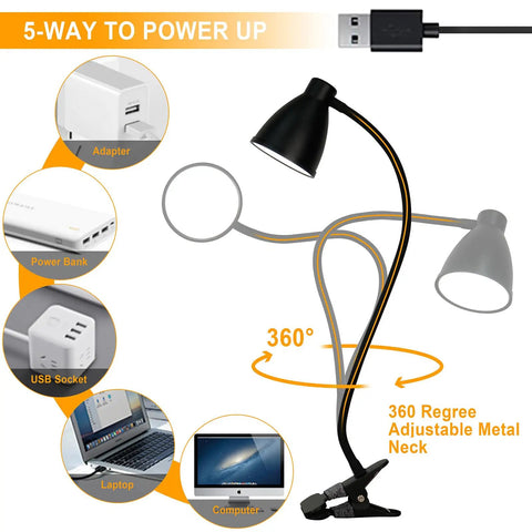 Clip On Desk Lamp With Five Color Modes And Stepless Dimming For Reading And Work 10W 38 LED Clamp Light, 5 power options, flexible neck