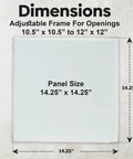 Dimensions of No Sweat 10.5 X 12 Inch Magnetic Wall Access Panel With Rapid Tune Frame, showing 14.25 x 14.25 inch size.