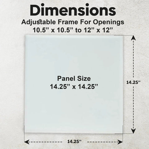 Dimensions of No Sweat 10.5 X 12 Inch Magnetic Wall Access Panel With Rapid Tune Frame, showing 14.25 x 14.25 inch size.