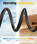 Heavy Duty 3 Ft Charging Vacuum Hose With 3/8 In Fittings displaying operating temperature range in cold and hot conditions.