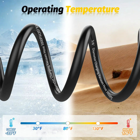 Heavy Duty 3 Ft Charging Vacuum Hose With 3/8 In Fittings displaying operating temperature range in cold and hot conditions.