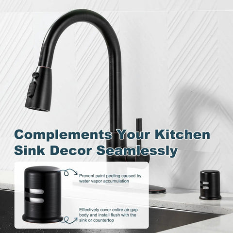 Top Shelf Solid Brass Dishwasher Air Gap Cover And Kitchen Sink Overflow Vent Cap Replacement Kit In Oil Rubbed Bronze Finish installed beside faucet.