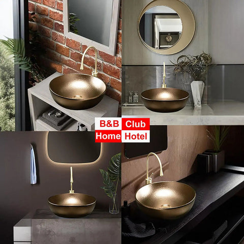 Modern Ceramic Vessel Sink with Faucet and Drain, Luxury Gold Oval/Rectangle Countertop Bathroom Vanity Basin for Home or Hotel Decor in a stylish bathroom setting.