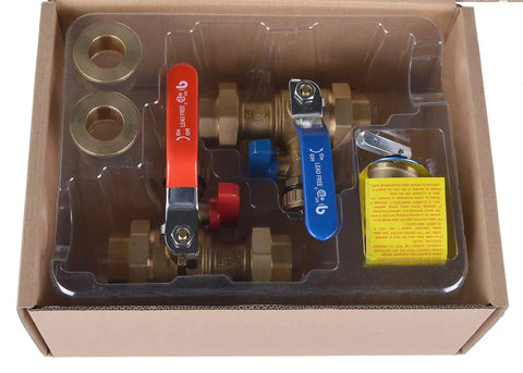 Tankless Water Heater Service Valve Kit With Pressure Relief Valve Included, Two SWT Connections, One Inch IPS Isolator, Lead Free Brass, Color Coded Hot And Cold Handles, Residential 150 PSI Relief Valve For Easy Maintenance in packaging