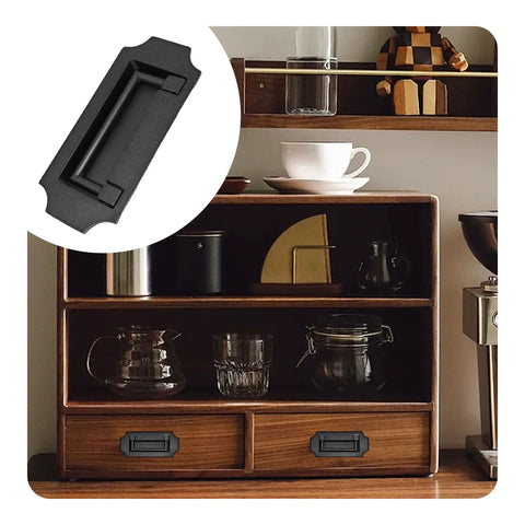 Hidden Drawer Ring Pull Handles 2 Pack 4 Inch Zinc Alloy Square Embedded Cabinet Door Knobs Easy Install Screws Included Slick Black Finish shown on wooden cabinet drawers.