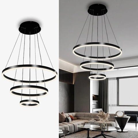 Slick Black Circular LED Pendant Light With Adjustable Height, Modern Chandelier Ceiling Fixture For Kitchen Island, Dining Room, Restaurant Or Cafe Ambience, 4000K Neutral White