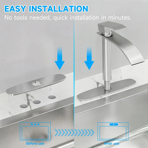 Before and after installation of a 10 Inch Brushed Nickel Kitchen Faucet Deck Plate Cover for three hole sinks.