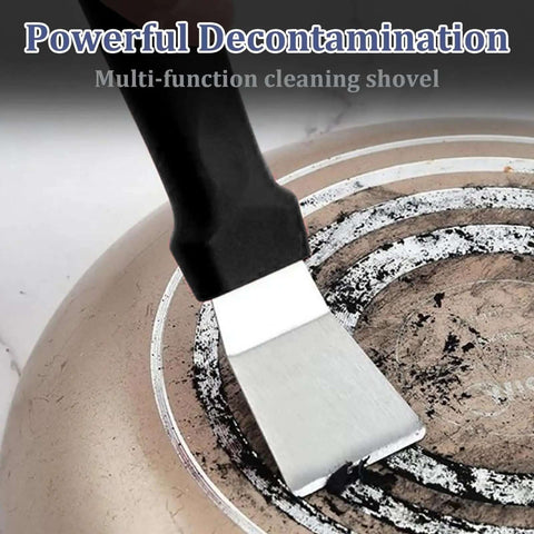 Stainless Steel 3D Printer Scraper Tool With Large Head used for removing residue from a pan surface, demonstrating its cleaning capabilities.