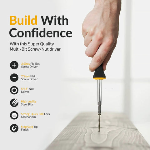 Using Six In One Screwdriver Kit With Comfortable Non Slip Grip as screw is driven into wood, showcasing the multi tool with nut driver bits.