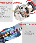 6 Ton Electric Hydraulic Crimping Tool Rechargeable Cordless Terminal Pliers For 8AWG To 600MCM Cable Lugs Crimper With Dual Batteries showing crimping mechanism and copper core motor.