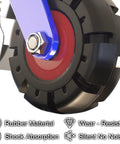 Set Of Four Heavy Duty Swivel Casters Featuring Quiet Rollin Rubber Tires And Rock Solid Plate Lock Brakes close-up of rubber tire with blue bracket.