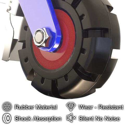 Set Of Four Heavy Duty Swivel Casters Featuring Quiet Rollin Rubber Tires And Rock Solid Plate Lock Brakes close-up of rubber tire with blue bracket.
