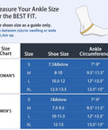 Size chart for Ultimate 360 Degree Ankle Support Brace showing women's and men's sizes with ankle circumference and shoe size.
