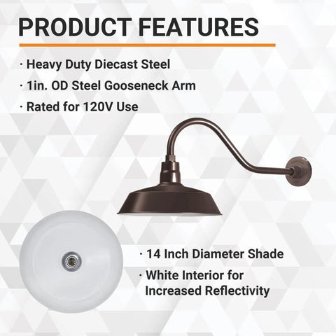 Outdoor Gooseneck Barn Light Fixture With Satin Black Finish, 14 Inch Shade And 22 Inch Extension Arm with product features