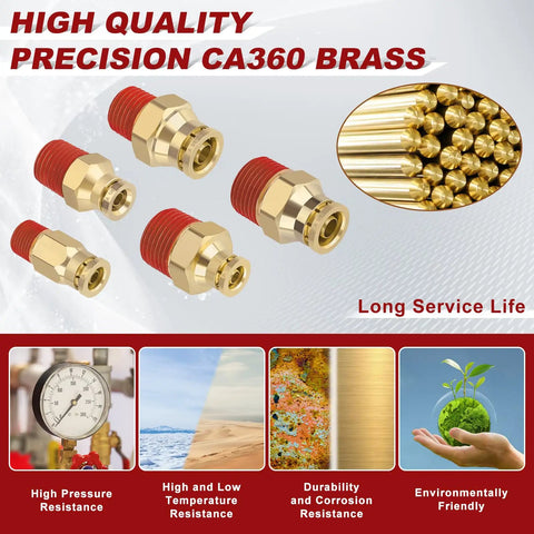 50 Piece Quick Push To Connect Fittings Kit Brass Male Straight Adapters NPT For One Quarter And Three Eighths Inch Tubing DOT Approved Air Line Fittings For Air Brakes Suspension And Hose Repair high quality brass fittings durability and resistance features