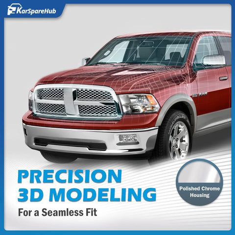 Dodge RAM truck with polished chrome housing, showcasing precision 3D modeling for a seamless fit.