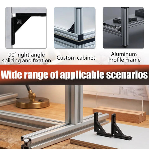 Heavy Duty Black Corner Brackets For 20 Series T Slot Aluminum Extrusion in use for right-angle splicing and frame assembly.
