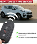 Kia Soul 2010 To 2013 Rio 2012 To 2014 Sportage 2012 To 2014 Three Button Flip Key Fob Shell Case Replacement in hand with SUV.
