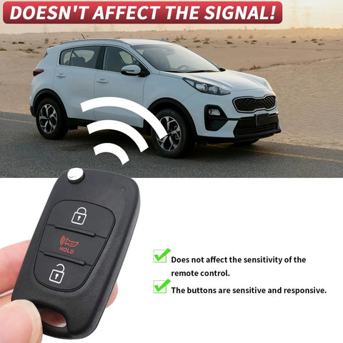 Kia Soul 2010 To 2013 Rio 2012 To 2014 Sportage 2012 To 2014 Three Button Flip Key Fob Shell Case Replacement in hand with SUV.