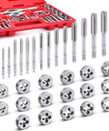 Tap and die set, 40-piece, metric M3–M12, in red case with taps, dies and handles.