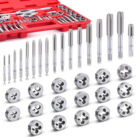 Tap and die set, 40-piece, metric M3–M12, in red case with taps, dies and handles.