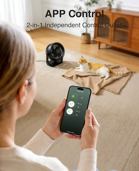 Person using app to control Dual Smart Plug 15A, Works With Alexa And Google Home, 2 in 1 Compact Smart Outlet, no hub