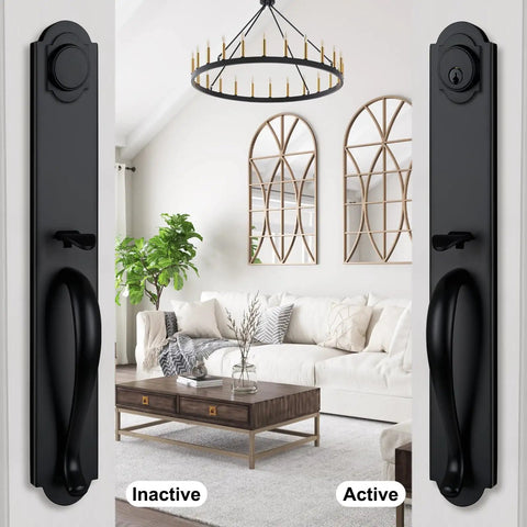 Matte Black Double Door Handle Set with Keyed and Dummy Latches, Zinc Alloy durable finish, indoor view of installed handles.
