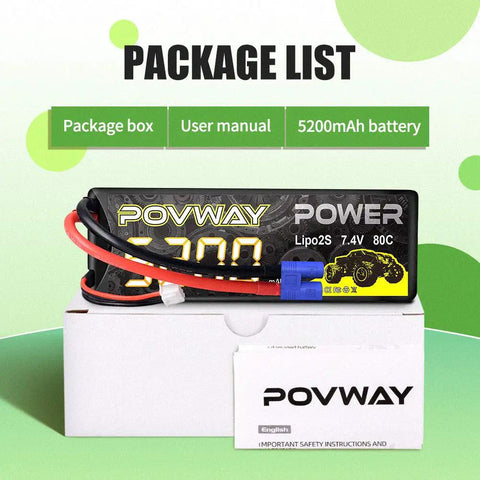 2 Pack 7.4V 5200mAh 80C LiPo Battery With EC3 Plug Hard Case For 1/8 And 1/10 Scale RC Cars Trucks Buggies Truggies Drones Airplanes UAVs on packaging box