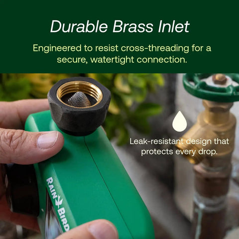 Close-up of durable brass inlet on Electronic Digital Hose End Timer Battery Powered Three Quarter Inch Hose Thread