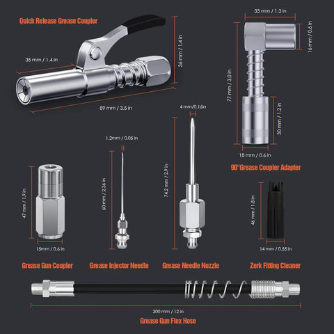 Pro Grade All In One 8 Piece Grease Gun Accessory Kit with quick release coupler, flexible hose, adapters, and cleaner components.