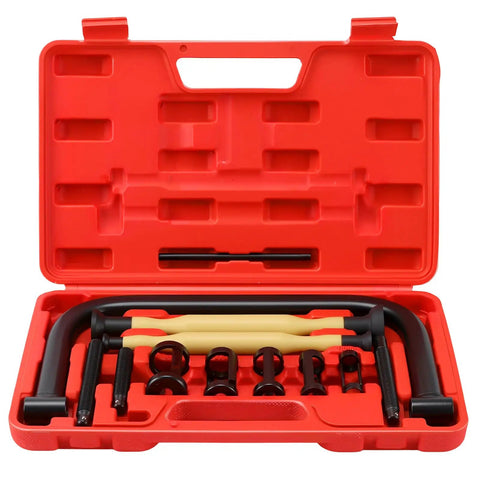 12 Piece Valve Spring Compressor Set with pusher adapters, extension rods, C clamp lever in red case; valve lapping tools