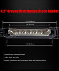 4.2 inch Heavy Duty 12V Power Distribution Block With Nickel Plated Brass Busbar dimensions, 5 M4 screws and mounting points.