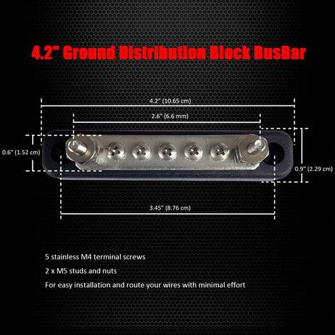 4.2 inch Heavy Duty 12V Power Distribution Block With Nickel Plated Brass Busbar dimensions, 5 M4 screws and mounting points.