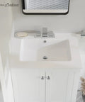 Voltaire Vanity Top Sink With Three Hole Center Set Faucet Mount in glossy white finish above white cabinet