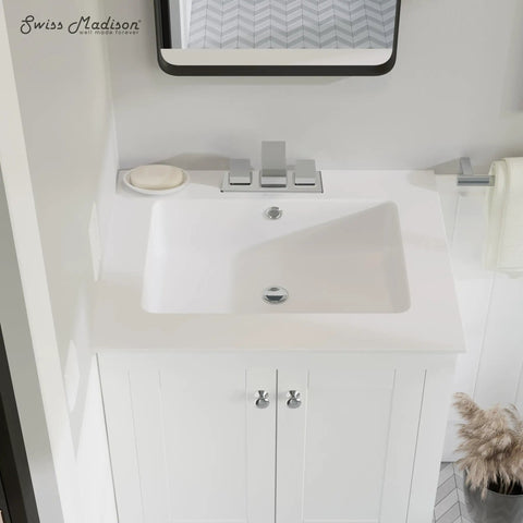 Voltaire Vanity Top Sink With Three Hole Center Set Faucet Mount in glossy white finish above white cabinet