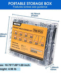 Pocket Hole Screws Kit 700 Pcs Five Size Assortment with storage box and dimensions, anti-rust coated for DIY projects.