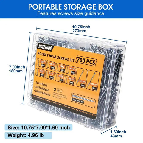 Pocket Hole Screws Kit 700 Pcs Five Size Assortment with storage box and dimensions, anti-rust coated for DIY projects.