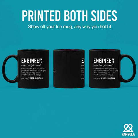 Engineer Definition Ceramic Mug 11 Oz Black Funny Gift For Engineering Students And Pros shown with text on both sides.