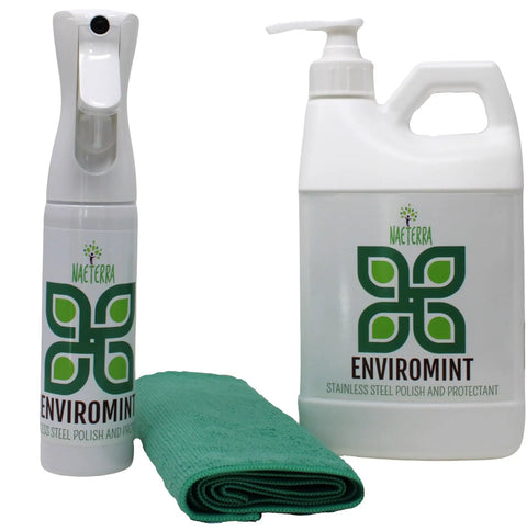 Enviromint Aromatherapy Stainless Steel Cleaner And Polish Concentrate Kit with sprayer, 64 fl oz jug, microfiber towel.