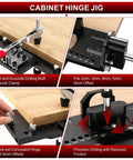 Concealed Hinge Jig For Cabinets And Doors, Metal Construction With Quick Clamp And Dust Vacuum Adapter, 35mm Concealed Door Hinge Jig For Woodworking Cabinet Hinges Mounting Tool, showing drilling setup and features.