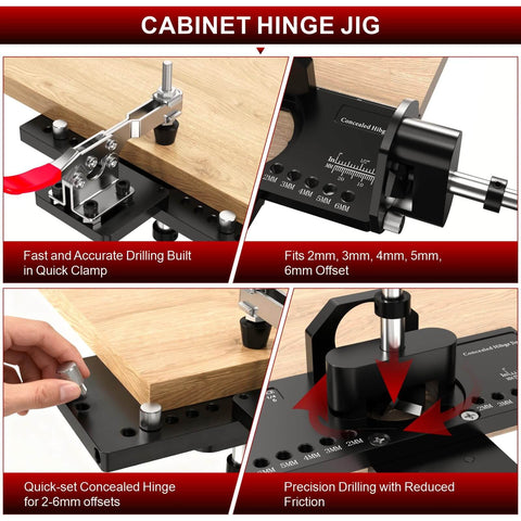 Concealed Hinge Jig For Cabinets And Doors, Metal Construction With Quick Clamp And Dust Vacuum Adapter, 35mm Concealed Door Hinge Jig For Woodworking Cabinet Hinges Mounting Tool, showing drilling setup and features.