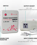 Heavy Duty 2000W Step Up Transformer 110V To 220V Voltage Converter with switch, socket, radiator, and power cord.