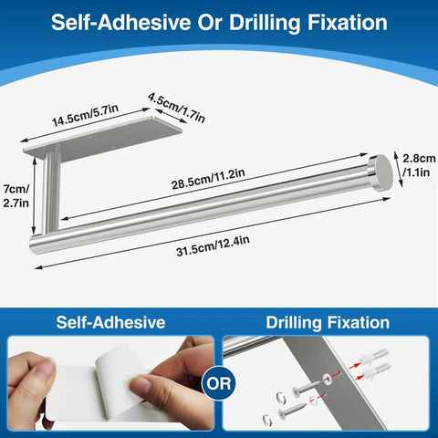 Diagram of Stainless Steel Paper Towel Holder With Self Adhesive Or Drilling Mount Brushed Nickel Finish, showing dimensions and installation