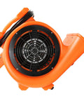 Heavy Duty Industrial Air Mover Carpet Dryer And Stackable Floor Blower With Three Speed Settings And Badass One Horsepower Motor side view with black fan grid and orange housing.